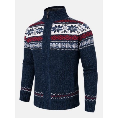 Mens Geometric Graphics Knitted Fleece Lined Warm Sweater Cardigans