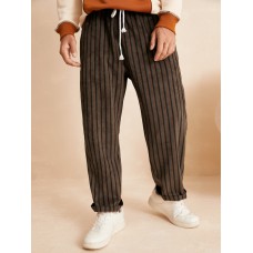 Men Casual Striped Straight Drawstring Waist Loose Pants