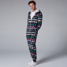 Mens Christmas Pattern Onesies Hooded Zip Down Holiday Pajama Set Printing Loungewear