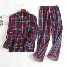 Mens Plaid Printing Turn down Collar Home Cotton Autumn Sleepwear Set