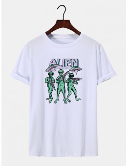 Men Animatic Alien Print Crew Neck Hem Cuff Soft Light Regular Fit T  Shirts