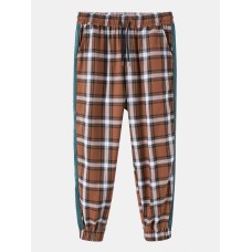 Mens Plaid Side Patchwork Drawstring Elastic Waist Casual Cotton Jogger Pants