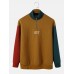 Men Corduroy Patchwork Contrast Color Letter Stand Collar Letter Pullover Sweatshirt