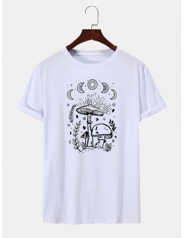 Men Mushroom Print Round Neck Hem Cuff Short Sleeve Casual T  Shirt