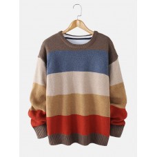 Mens Striped Knitting Round Neck Long Sleeve Warm Sweaters